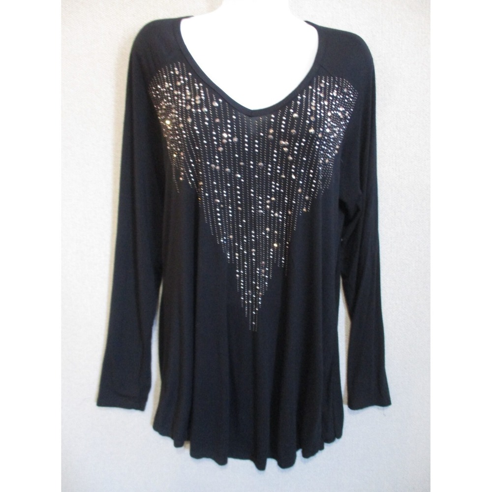 Vocal Tunic Top Womens Size 1X Black Rhinestones Witchy Blingy Goth USA Made